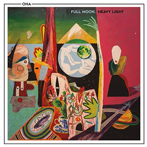 "Album cover with abstract, surreal artwork featuring figures, moon, and pyramid."