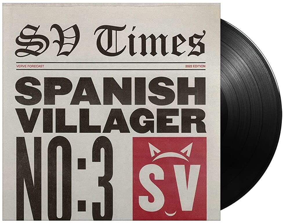 Vinyl record sleeve with bold text and logo, partially covering black vinyl disc.