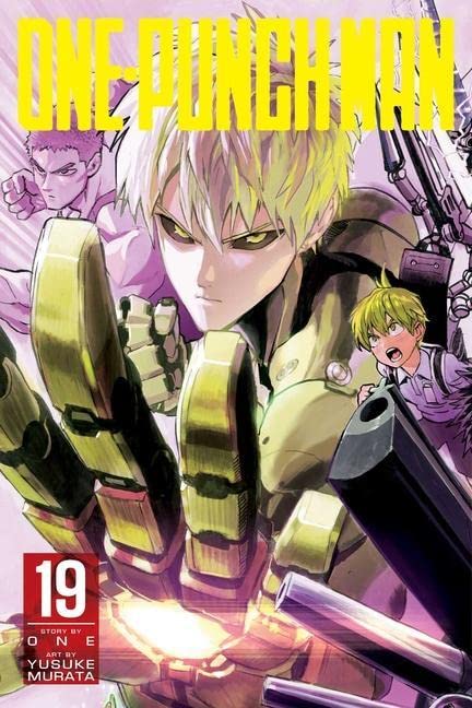 Manga cover featuring Genos with a glowing robotic hand and other characters in background.