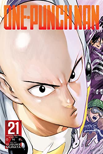 Close-up of Saitama from One-Punch Man volume 21 with other characters in the background.
