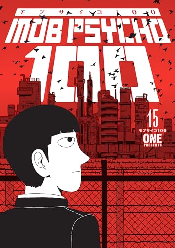 Red manga cover with Mob, city skyline, and the title “Mob Psycho 100 15”.