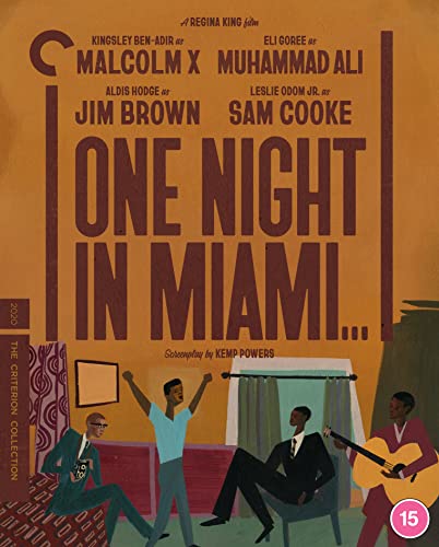 “One Night in Miami” Blu-ray cover featuring illustrated portraits of four men.