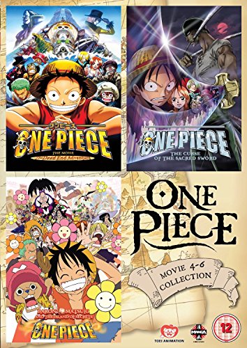 DVD cover art featuring three One Piece movie posters over a map background.