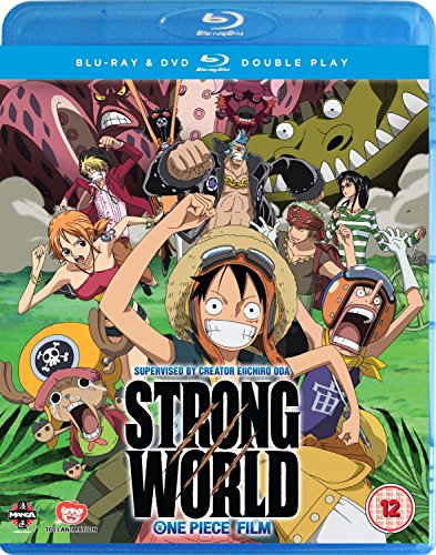 “One Piece: Strong World” Blu-ray cover featuring anime characters and a large crocodile.