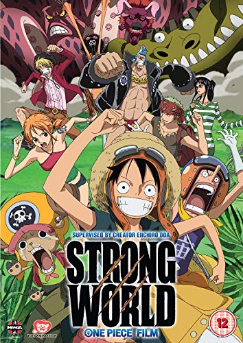 āOne Piece Strong Worldā DVD cover featuring anime characters and large text.
