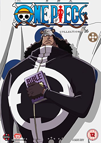 One Piece Collection 16 DVD cover featuring Bartholomew Kuma holding a Bible.