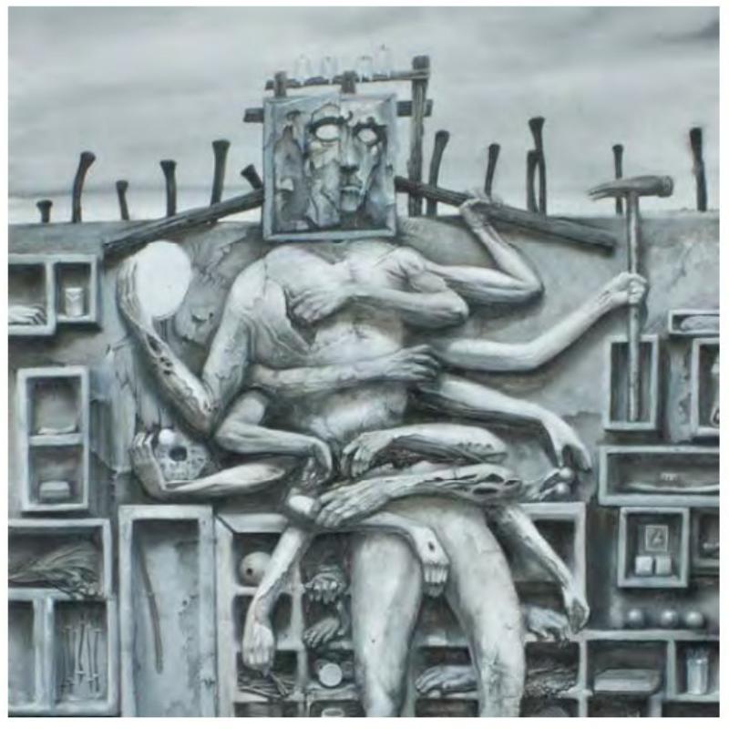 Black and white drawing of a distorted figure with multiple limbs.