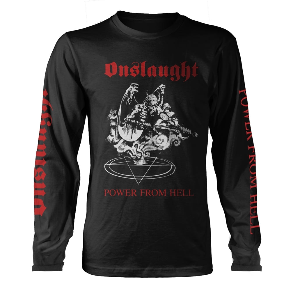 Black long-sleeve shirt with red demonic imagery and "Onslaught" text.
