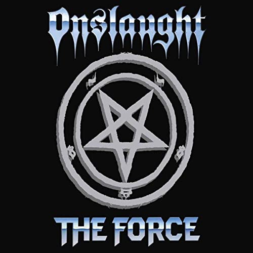 Onslaught album cover: black background with silver pentagram and band logo.