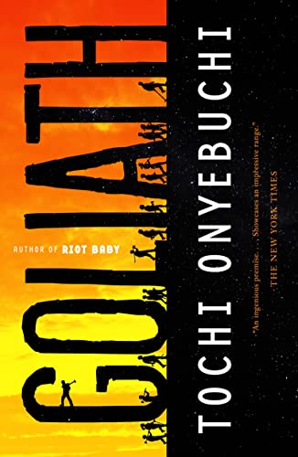 Book cover for “Goliath” with large text and silhouetted figures.