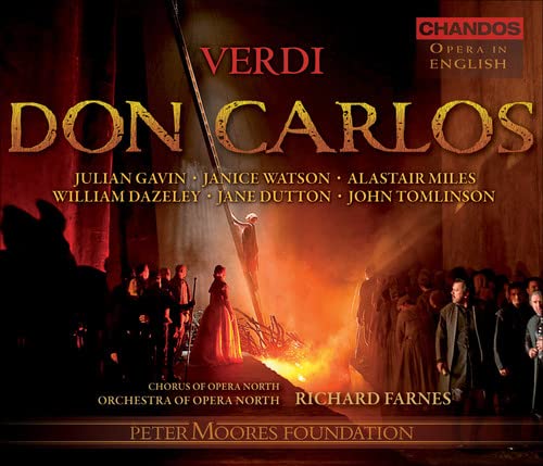 CD cover for Verdi’s “Don Carlos” opera, featuring a fiery scene.
