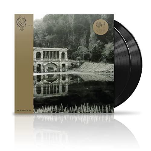 Opeth’s “Morningrise” vinyl record with a landscape cover and reflective surface.