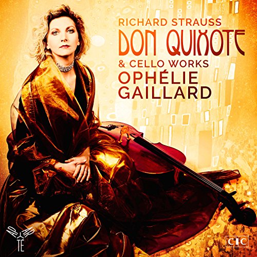 Cellist Ophelie Gaillard in golden attire, album cover for Don Quixotte.