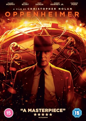 Oppenheimer DVD cover featuring Cillian Murphy in a suit and cap.