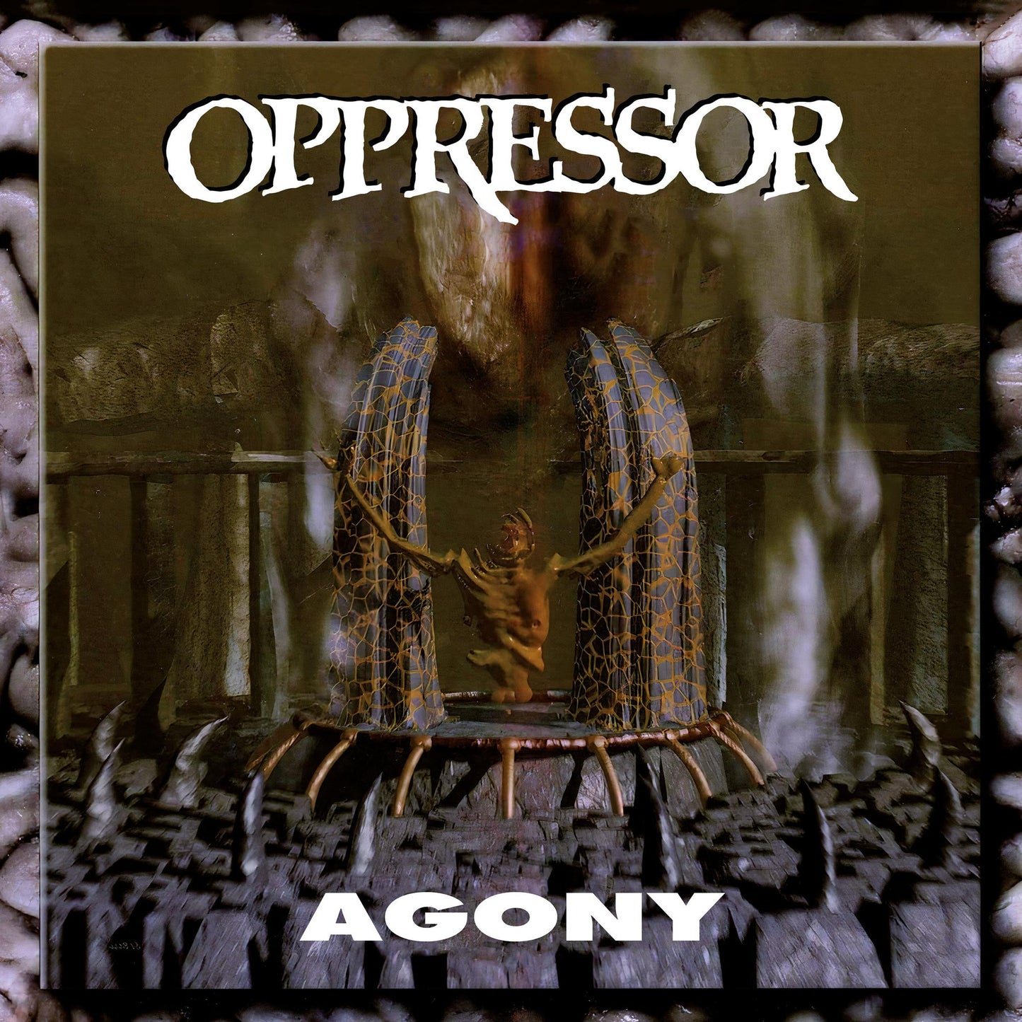CD cover for "Oppressor - Agony" featuring a dark, surreal, cage-like image.