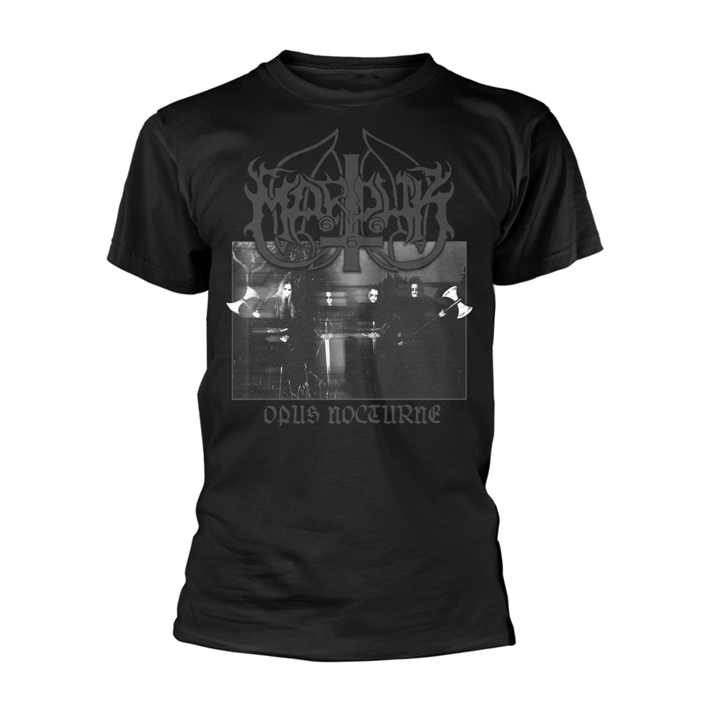 Black t-shirt with gothic text and grayscale image of musicians.