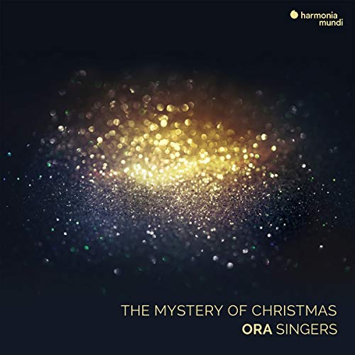 CD cover with sparkling gold and blue abstract design, text reads "The Mystery of Christmas.