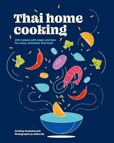 Cookbook cover with illustrated Thai ingredients and bold title text.