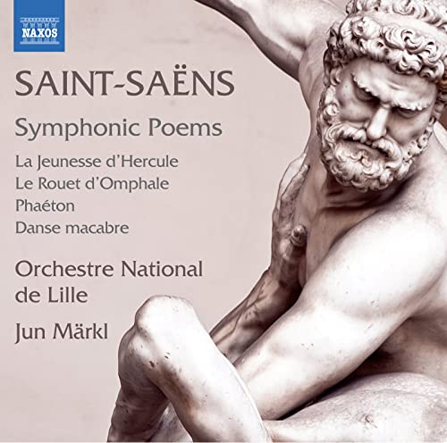 CD cover featuring a classical statue and text listing Saint-Saëns' symphonic poems.