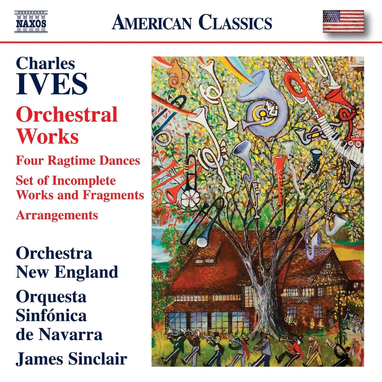 CD cover for Charles Ives’ Orchestral Works featuring colorful, abstract art.