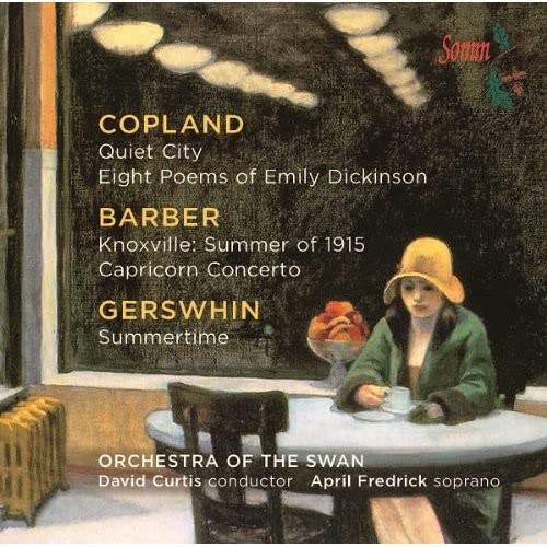 CD cover featuring composers Copland, Barber, and Gershwin with a woman in a hat.
