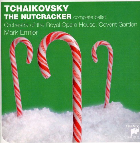 CD cover for Tchaikovsky’s “The Nutcracker” featuring candy canes and snow.