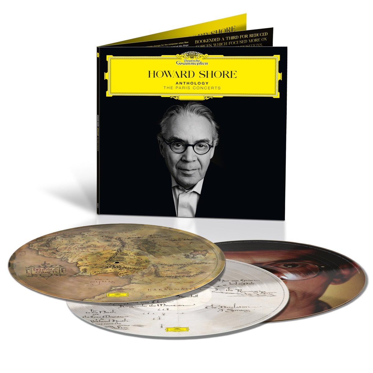 Vinyl record set featuring composer Howard Shore and ornate map designs.