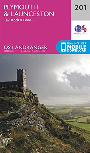 Ordnance Survey Landranger map 201, covering Plymouth, Launceston, and surrounding areas.
