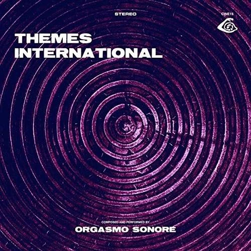 Vinyl record label for “Orgasmo Sonore - Themes International” with spiral design.