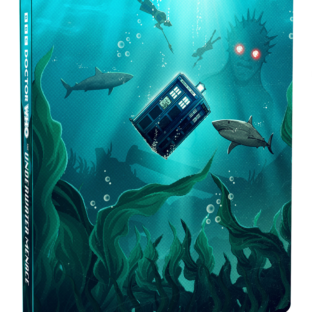 Doctor Who Blu-ray cover: TARDIS underwater with sharks and seaweed.