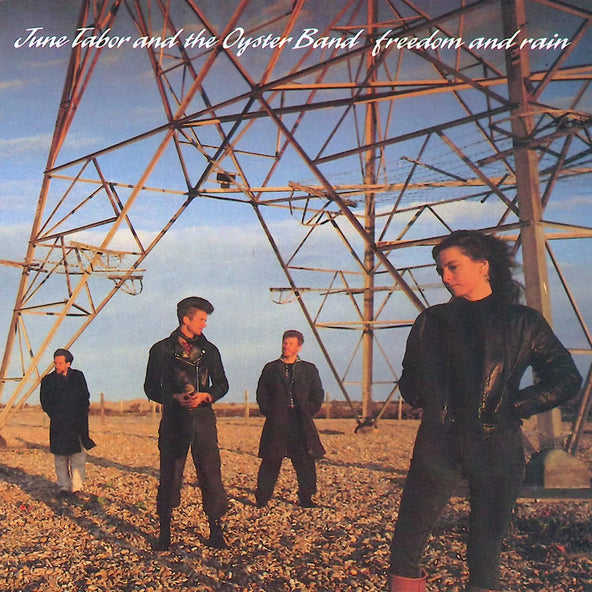 Album cover featuring June Tabor and band members near metal towers.