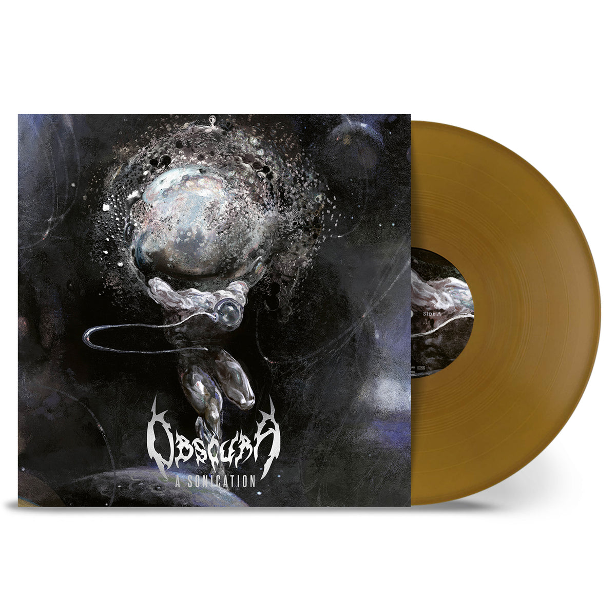 Vinyl record with cover art depicting a cosmic, swirling nebula and figure.