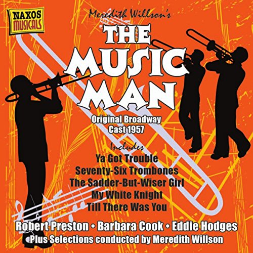 CD cover for "The Music Man" musical, featuring silhouettes and brass instruments.