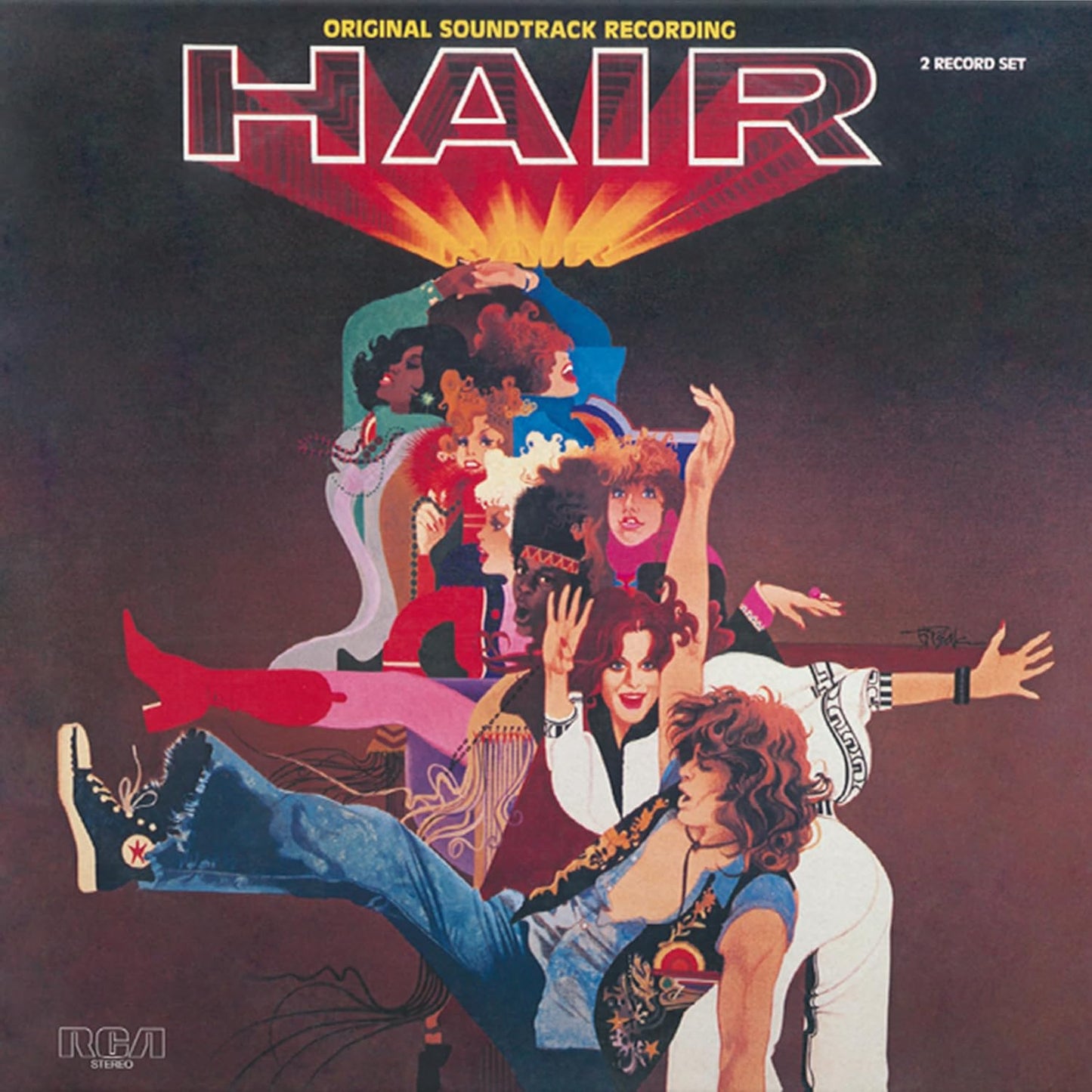“Hair” soundtrack album cover with illustrated group of people in motion.
