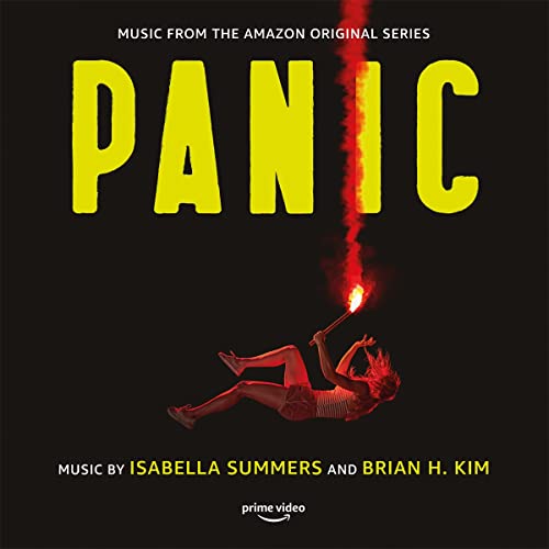 “Panic” soundtrack album cover: yellow text, falling figure with a torch, black background.