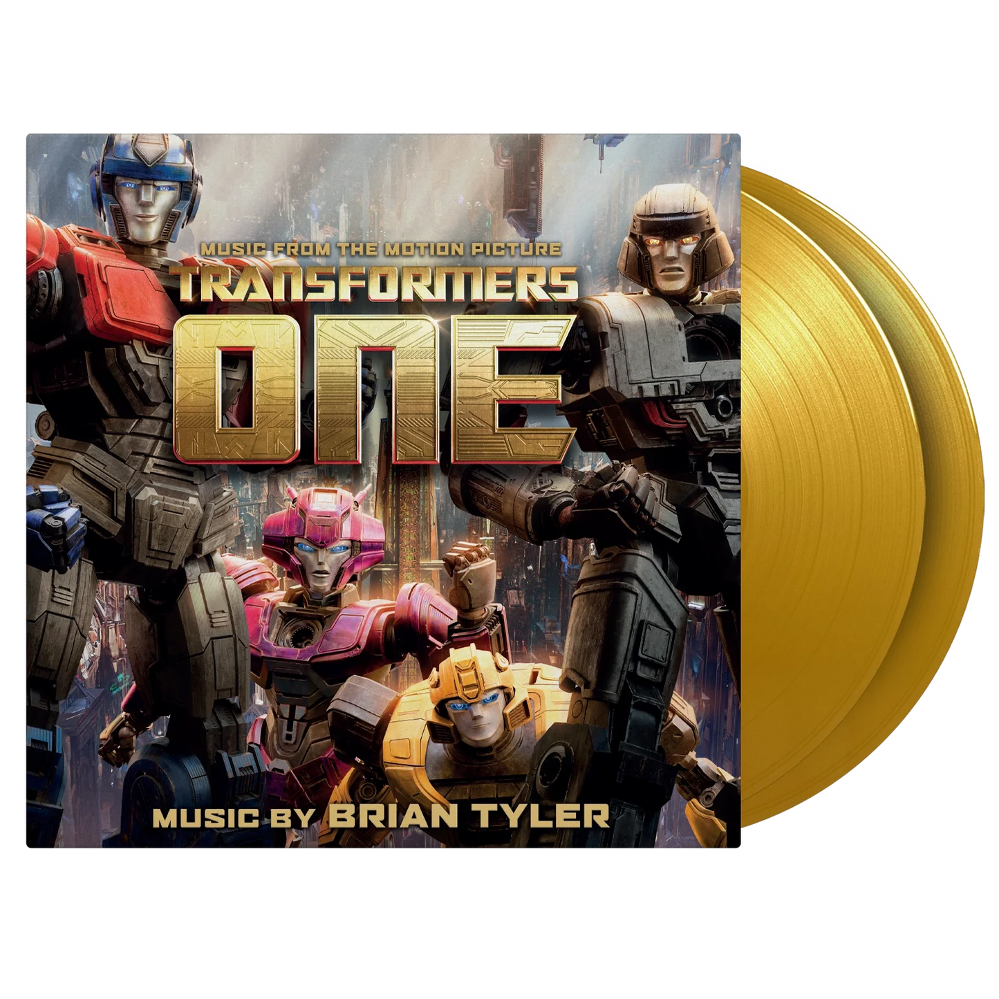 Transformers One soundtrack gold vinyl LP with character artwork.