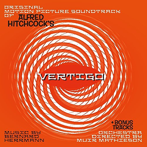 “Vertigo” soundtrack vinyl cover: orange spiral design with white text.