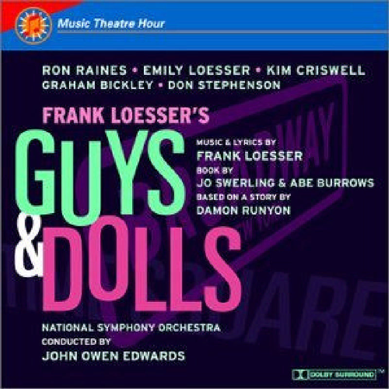 CD cover for “Guys and Dolls” musical highlights, purple background.