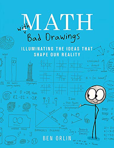 Book cover with blue background, hand-drawn math equations, and a cartoon stick figure.