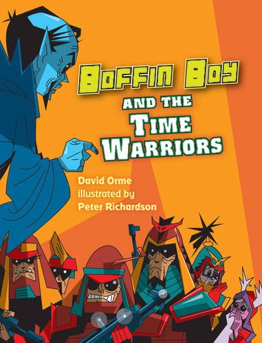 Book cover: "Boffin Boy and the Time Warriors" with cartoon characters.