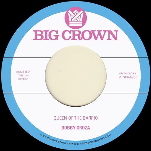 Vinyl record label with pink and blue design, “Bobby Oroza” text.