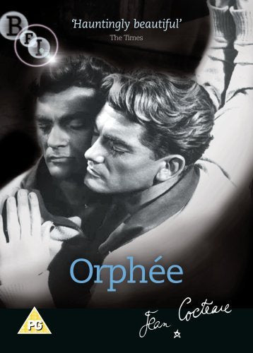Black and white DVD cover for the film *Orphee*, featuring two men.