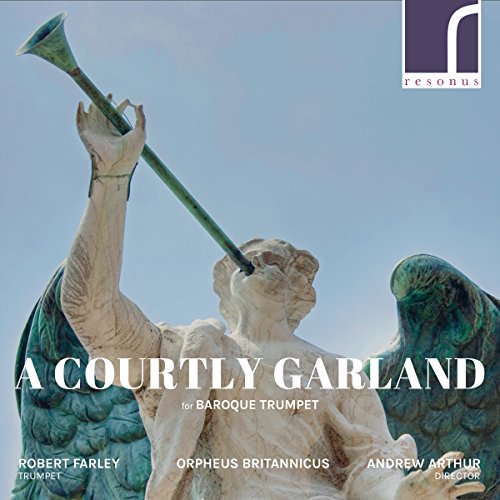 CD cover: statue holding a baroque trumpet, sky background.