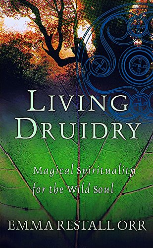 Book cover of Living Druidry with a green leaf background and blue Celtic symbols.