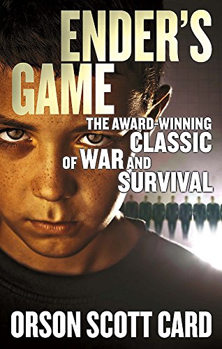 Book cover of “Ender’s Game” featuring a young boy and silhouettes.