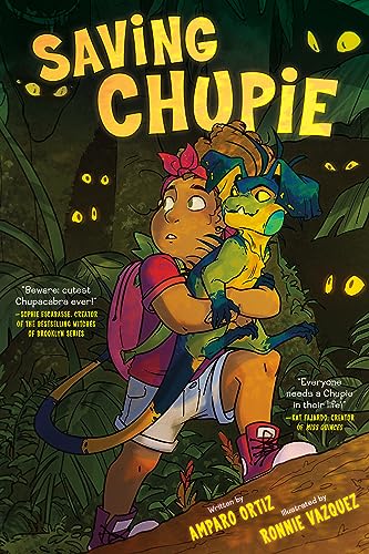 Girl hugging a green, feathered creature in a lush jungle setting.