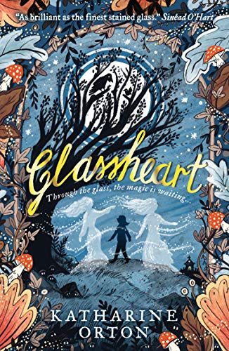 Book cover: "Glassheart" with a dark tree, figures, and ornate floral design.