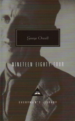 Book cover for 1984 by George Orwell featuring a shadowed portrait and horizontal lines.