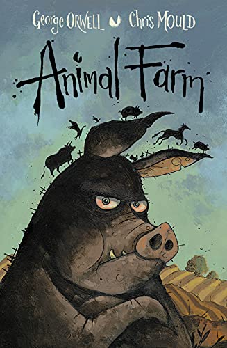 Book cover for Animal Farm featuring a large, grumpy pig with silhouettes of farm animals.