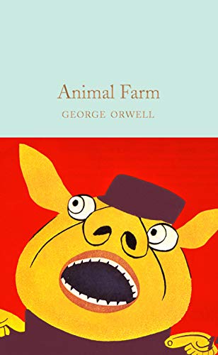 Book cover of "Animal Farm" featuring a yellow pig with a hat.